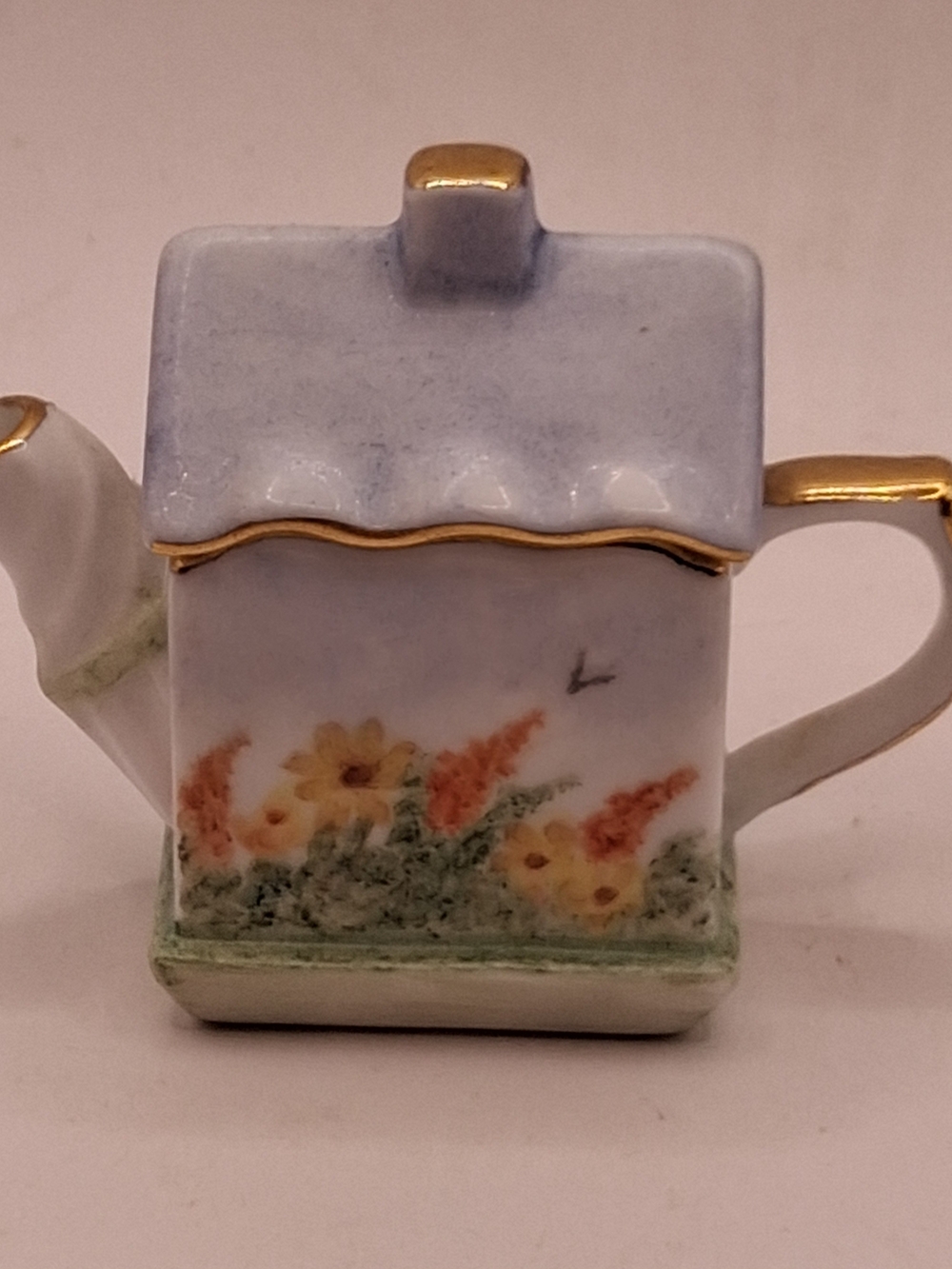 Delicate Handpainted Floral Porcelain Miniature Teapot - Light Blue W/Gold Trim